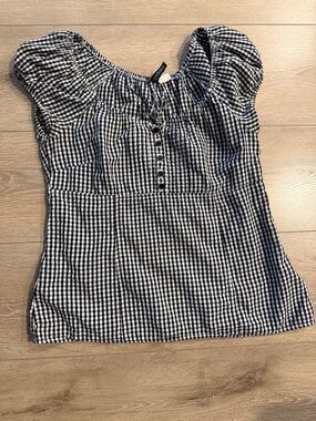 H&M Black & White Gingham Puff-Sleeve Peasant Blouse